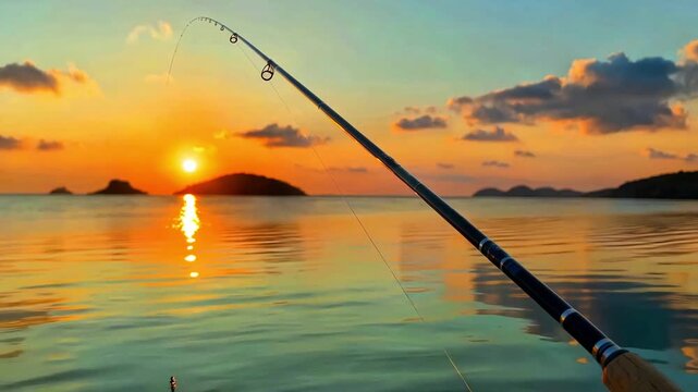 Close up view of a bent fishing rod tip actively casting a line over tranquil water during a vibrant tropical sunset over distant islands.