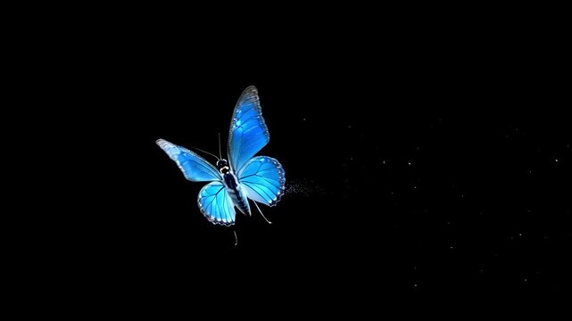 Blue fairy butterfly flying on black background with glowing particles. Blue Adonis Butterflies Flying Transition Realistic 3D animation effect with alpha channel on transparent background