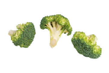 Fresh raw broccoli pieces isolated on white background. top view