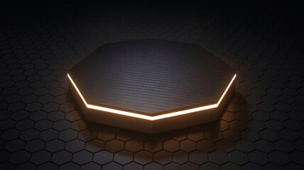 Futuristic Product Display Stage with Carbon Fiber Hexagon Podium and Amber Neon Glow on Dark Technology Background - Premium 3D Render Illustration for Gaming, Web, and Science.