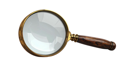 A realistic, detailed illustration of a golden-framed magnifying glass with a wooden handle