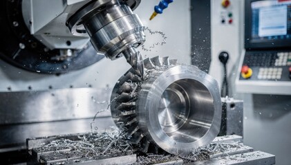 Medium shot of a fiveaxis machine precisely cutting angled threads on an impeller hub highlighting intricate machining and rotational movement on complex geometry.