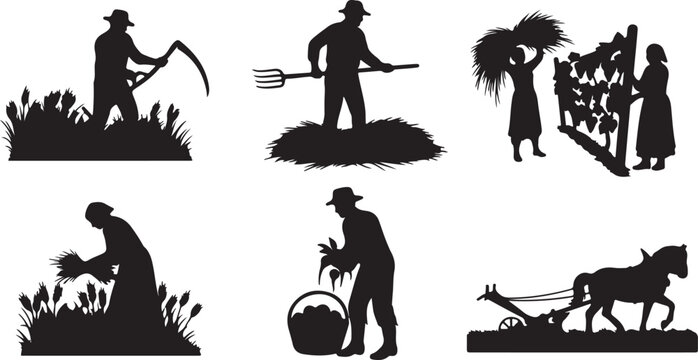 Silhouetted farmer and horse pulling plow representing old fashioned agriculture