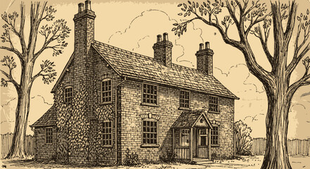 Obraz premium Vintage ink drawing of a charming brick cottage nestled among large trees