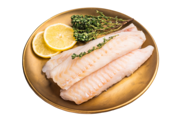 Raw cod loin pieces, whitefish fillets without skin on plate with herbs isolated on white background