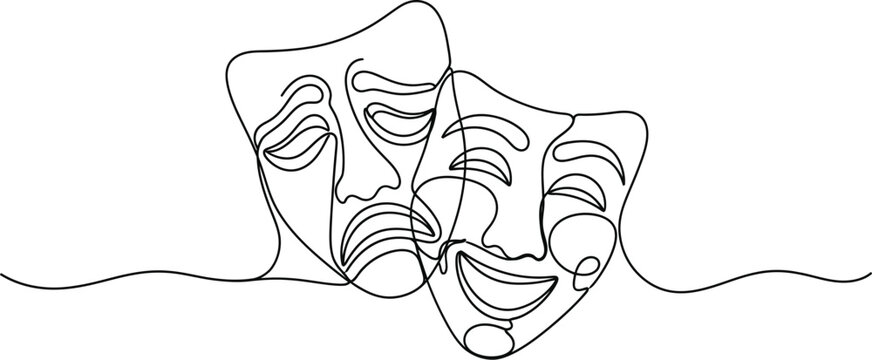 Continuous line art of comedy and tragedy theater masks representing duality