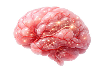 Human brain with glowing neural network activity and blood vessels, thinking process, intelligence, creativity, memory, transparent background