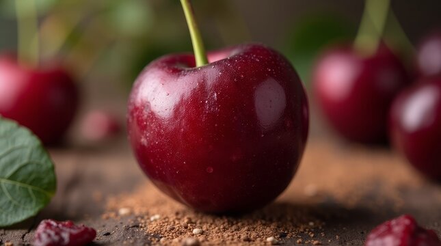 Dark red cherries with green stem and leaf fruit fresh - Powered by Adobe