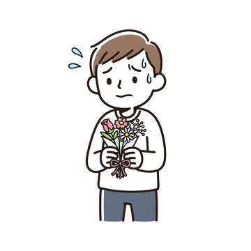 Man Holding Flowers with Sad Expression.