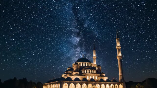 Celestial Timelapse: The Milky Way Galaxy Arcs Over a Majestic Illuminated Mosque at Night