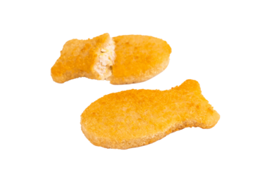 Fish fingers or fish sticks isolated on white background. top view