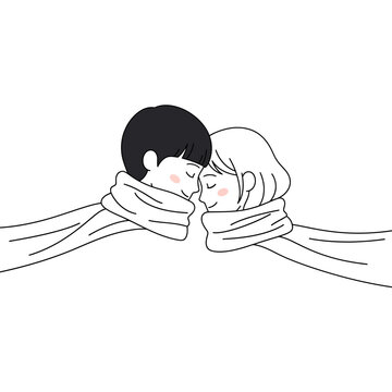 Couple Embracing with Scarves around Heads.