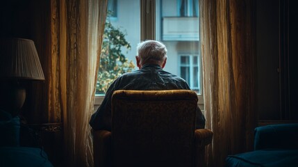 An elderly person sits facing a window, backlit by natural light, curtains frame the view of the outdoors