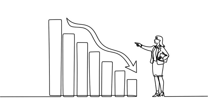 Cost reduction concept. Businesswoman pointing down arrow of the graph with cost reduction business finance .Business, technology, cost management .Continuous one line drawing.