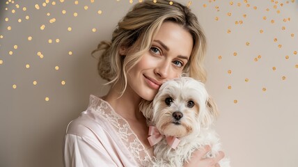 Young woman holding cute puppy, love, care and pet lifestyle concept.