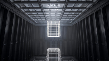 Futuristic minimalist interior with glowing wireframe cubes suspended in mid-air