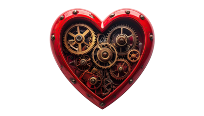 A red heart-shaped frame filled with complex gears, evoking themes of love and mechanics
