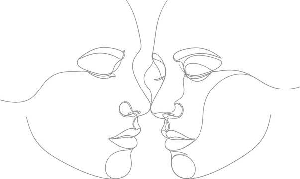 Minimalist continuous line art drawing depicting two faces leaning in closely about to share a tender kiss demonstrating affection and romance