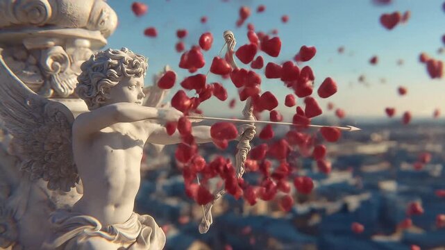 Cupids with hearts floating holds arrow, Valentines day concept. Cupid shooting love arrow. Valentine's Day. Romantic 4k video
