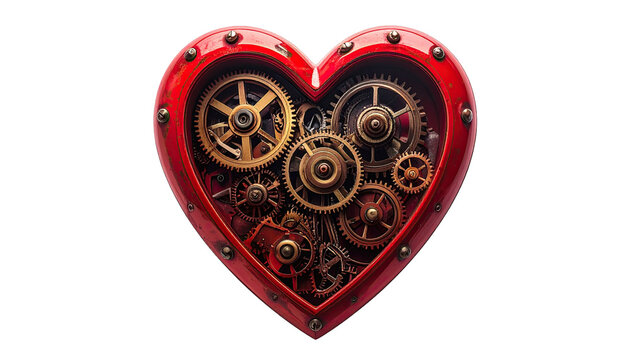 A red heart-shaped frame filled with complex gears, evoking themes of love and mechanics