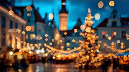 Festive outdoor scene with a decorated tree, illuminated buildings, and blurred lights under a dusky sky, suggesting holiday celebration