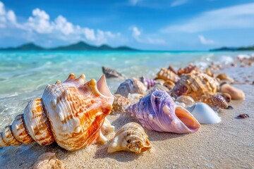 Seashells are presented in passive voice, resting on soft sand along a tropical beach, calm blue sea and summer brightness are emphasized, vacation atmosphere is conveyed 