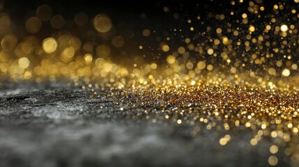 Close-up of gold glitter particles on a dark, textured surface, with blurred bokeh effect. The sparkles vary in size and density, creating a glamorous aesthetic