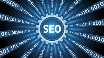 Stunning SEO concept with gear and binary code streams