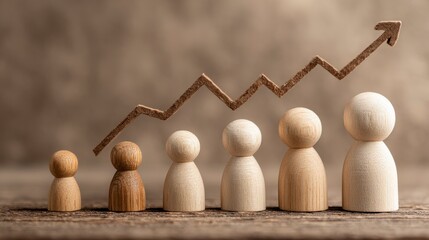 Close-up view of wooden figures increasing in size with a rising arrow above, symbolizing growth and success