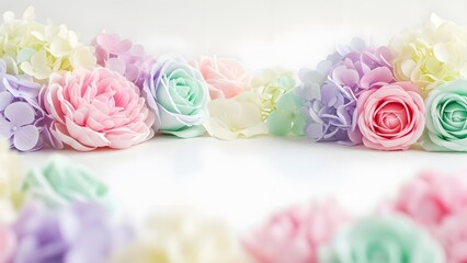 Elegant floral frames and borders featuring pastel roses, peonies, and hydrangeas. Soft aesthetic with a clean white center, ideal for romantic greetings and wedding invitations