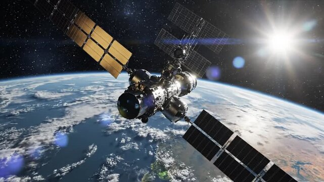Space satellite in orbit around planet earth with solar panels and sun flare shining in outer space environment