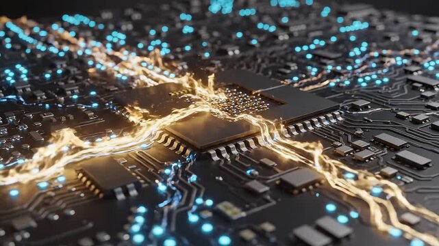 Circuit board with glowing electric currents