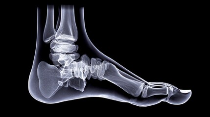 A medical image presents a detailed X-ray view of a human foot, showcasing the internal bone structure against a black background