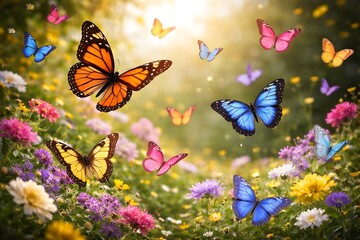 Multiple butterflies flying among blooming flowers in warm sunlight, representing freedom, beauty, and nature.
Category: Animals