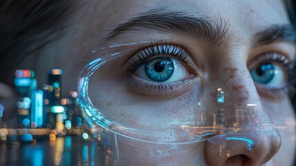 Futuristic digital human eyes with glowing interface, cyber technology concept.