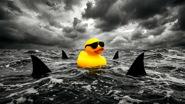 Cool yellow rubber duck wearing black sunglasses floats calmly amidst choppy ocean waves surrounded by menacing shark fins under a dramatic stormy sky.
