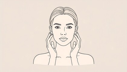 Line drawing of a woman, rendered frontally, with her hands gently touching her cheeks. Soft, neutral background