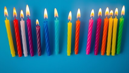 blow. Row of colorful birthday candles with glowing flames, creating a festive and celebratory mood. symbolizing life milestones and joyful moments.