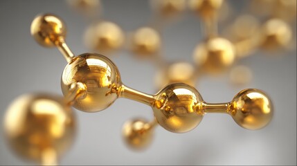 A gleaming, golden molecular structure floats against a soft, gray backdrop. The interconnected spheres reflect light, suggesting a sophisticated, scientific concept