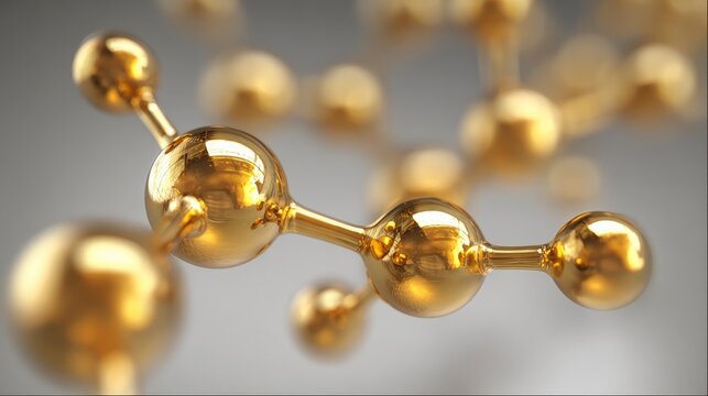 A gleaming, golden molecular structure floats against a soft, gray backdrop. The interconnected spheres reflect light, suggesting a sophisticated, scientific concept - Powered by Adobe