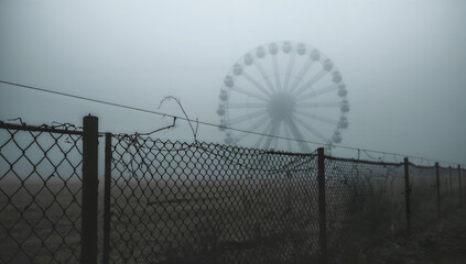 Abandoned Ferris wheel shrouded in thick fog behind a chain-link fence
