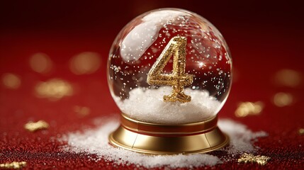 A close-up shot of a snow globe with the golden number "4" inside, resting on a red surface, sprinkled with decorative snow and gold confetti