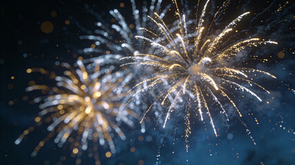 Golden and silver fireworks burst in a night sky, symbolizing celebration and joy.