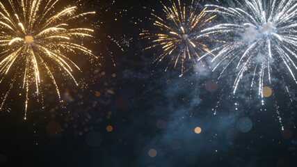 Golden and silver fireworks burst in a night sky, symbolizing celebration and joy.