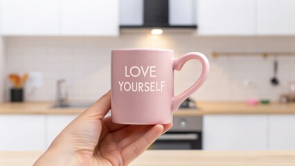 Valentine&rsquo;s Day 2026 A hand holds a pink mug with the phrase "LOVE YOURSELF" against a modern kitchen backdrop.