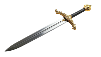 A regal, gold-adorned sword gleams against a black backdrop, showcasing intricate hilt details