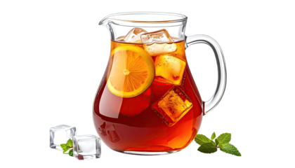 A refreshing glass pitcher filled with iced tea, lemon slices, ice cubes, and mint garnish