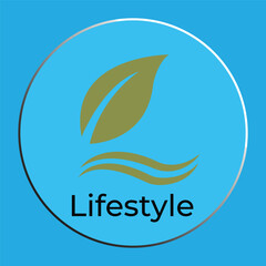 Lifestyle icon with green leaf and wave elements in a circular frame on blue background.