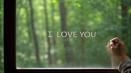 Valentine&rsquo;s Day 2026 A hand writes "I love you" on a foggy window with a green forest backdrop.