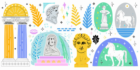 Classical art and greek mythology elements in a colorful illustrative style